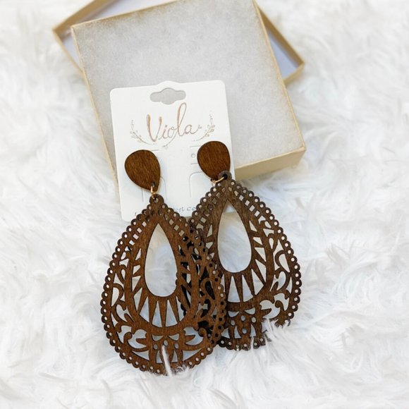 Jewelry - 4" Wooden Tear Drop Earrings